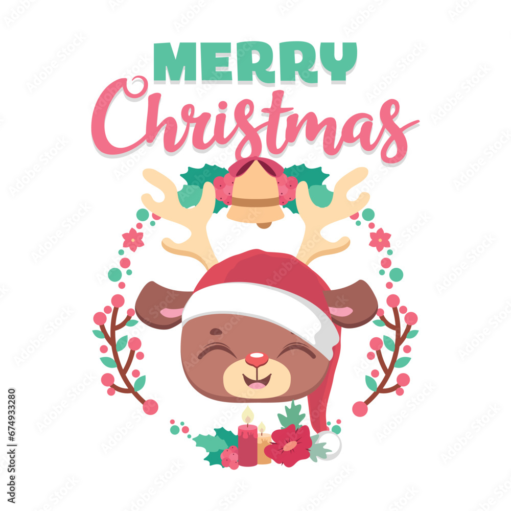 Christmas reindeer with a cute Santa hat and festive flowers Christmas reindeer with a cute Santa hat and festive flowers