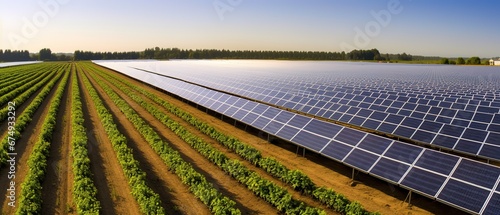Farmland enhanced with agrivoltaics, where solar panels are intelligently integrated to provide both renewable energy generation and shade for crops
