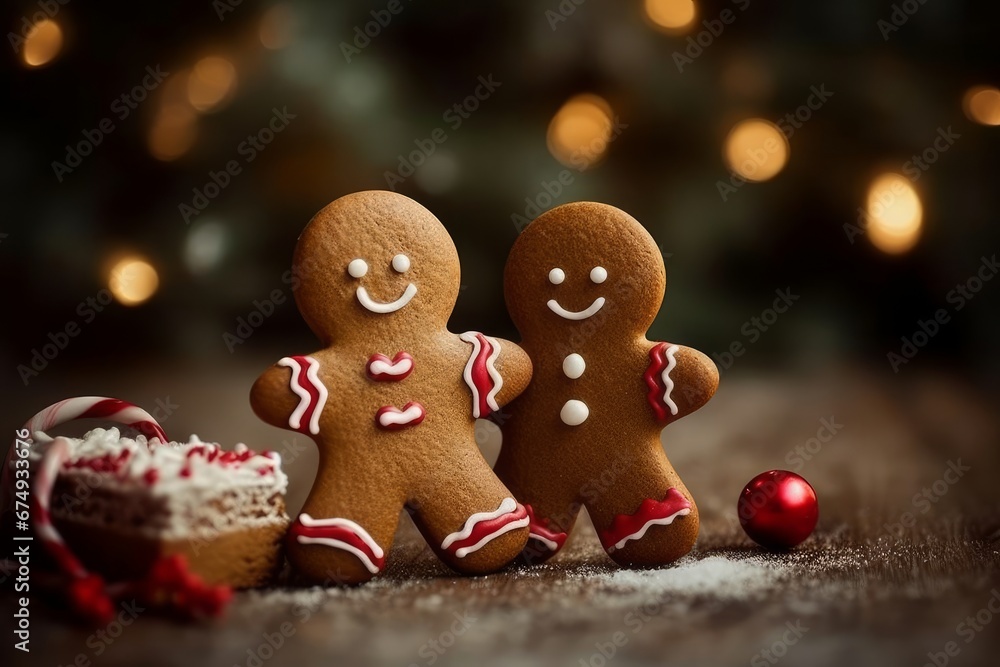 Cute gingerbread men and candy canes  AI generated illustration