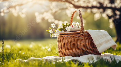 A delightful picnic setup with basket and fresh flowers on a blanket surrounded by white daisies in a sunny field. photo