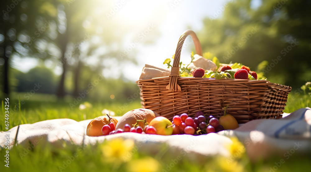 A picnic basket brimming with fresh fruit and spring flowers set on a sunny daisy-filled meadow. A picnic basket brimming with fresh fruit and spring flowers set on a sunny daisy-filled meadow.