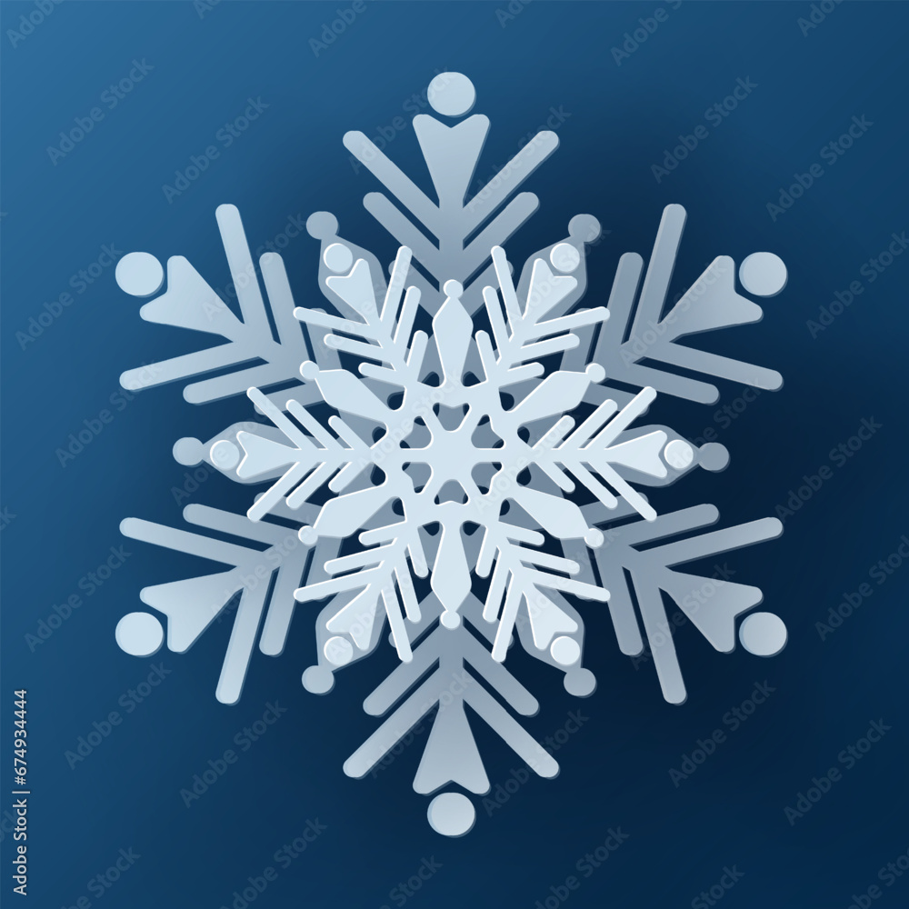 Vector white christmas paper cut 3d snowflake with shadow on blue colored background. Winter design elements for presentation, banner, cover, web, flyer, card, sale, poster, slide and social media. Vector white christmas paper cut 3d snowflake with shadow on blue colored background. Winter design elements for presentation, banner, cover, web, flyer, card, sale, poster, slide and social media.