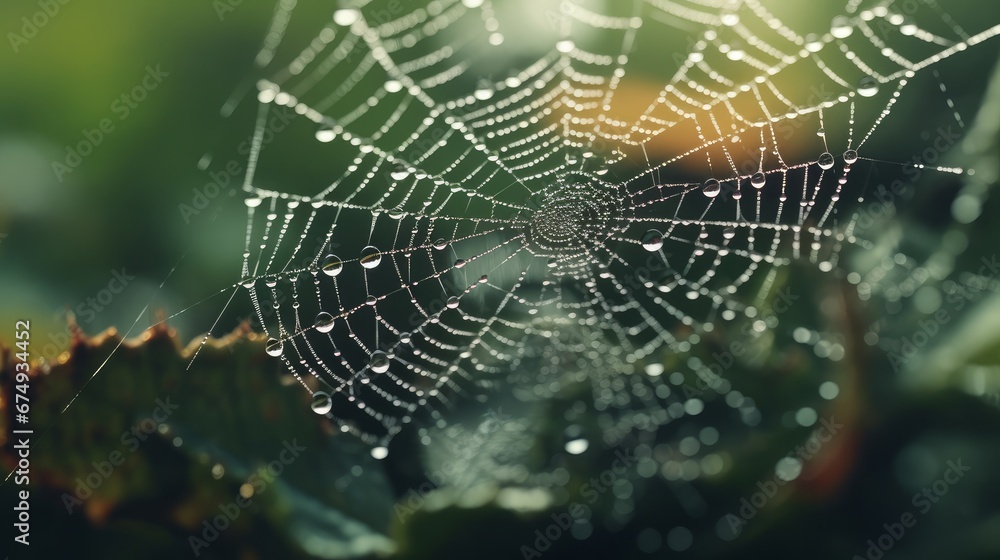 The fine lines on a spiders web decorated with dew AI generated illustration The fine lines on a spiders web decorated with dew AI generated illustration