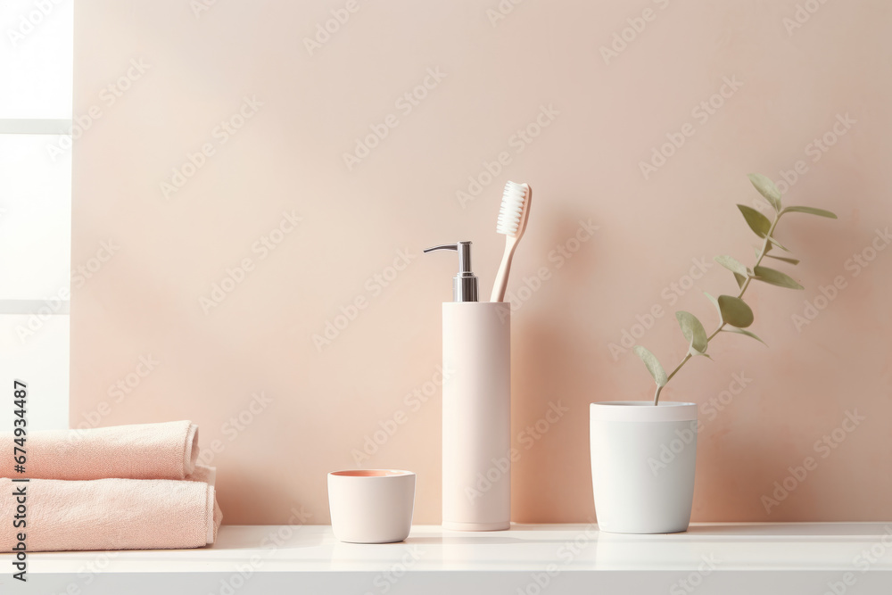 Bathroom interior with toothbrush, towels and plant on shelf - obrazy, fototapety, plakaty 