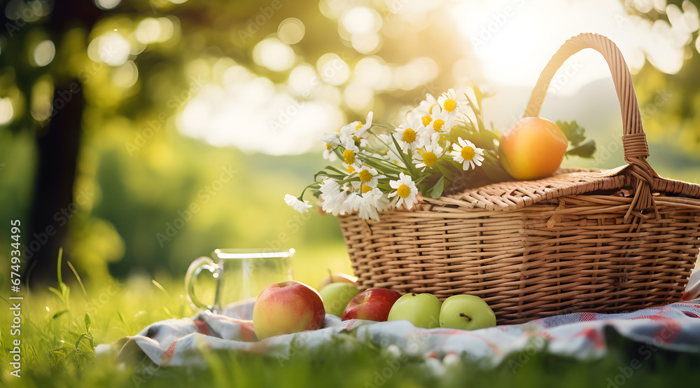A picnic basket brimming with fresh fruit and spring flowers set on a sunny daisy-filled meadow.