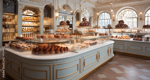 The premises of a cute pastry shop with display cases for cakes, a delicate contrasting stand and equipment.