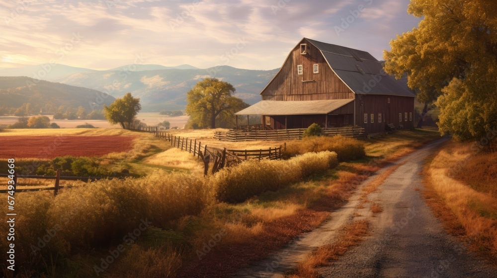 A rustic country barn surrounded by rolling hills AI generated illustration A rustic country barn surrounded by rolling hills AI generated illustration