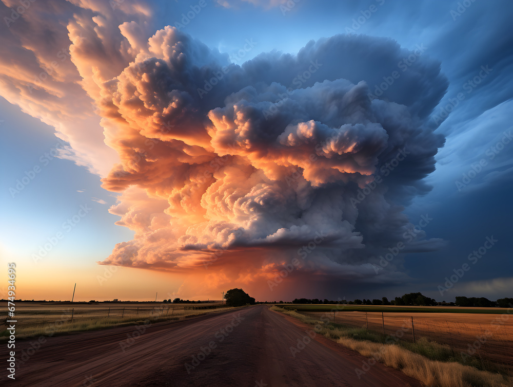 A colossal supercell looms over a quiet country road at sunset, a stunning display of nature's might.