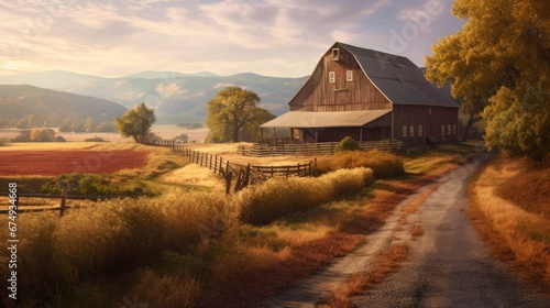 A rustic country barn surrounded by rolling hills  AI generated illustration photo