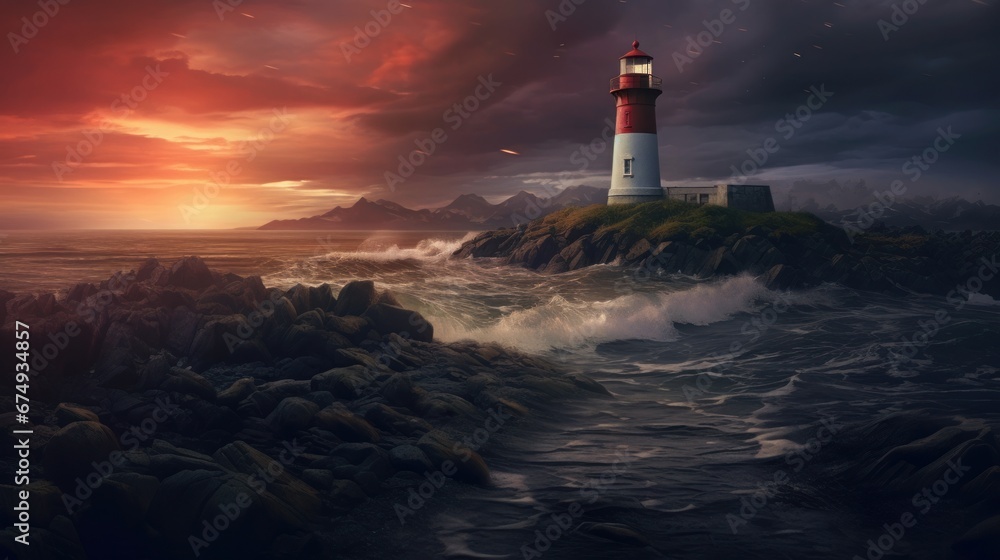 Beautiful lighthouse adorned nighttime seascape with  AI generated illustration