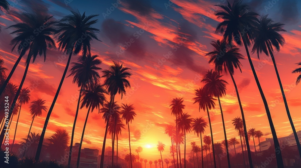 Palm trees swaying against a colorful sunset sky  AI generated illustration