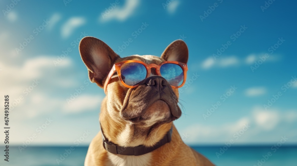 Portret cute dog in sunglasses on the beach in sun  AI generated illustration