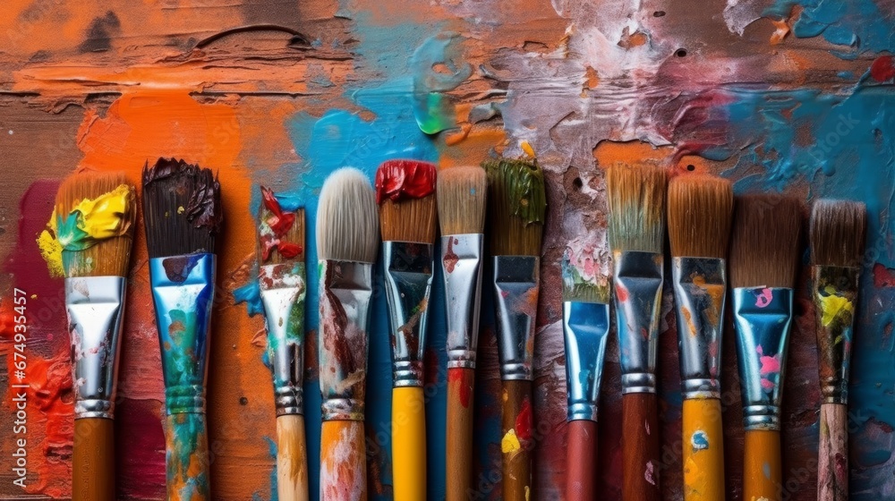 Fototapeta premium Row of artist paintbrushes closeup on artistic AI generated illustration