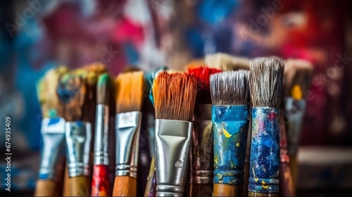 Row of artist paintbrushes closeup on artistic AI generated illustration