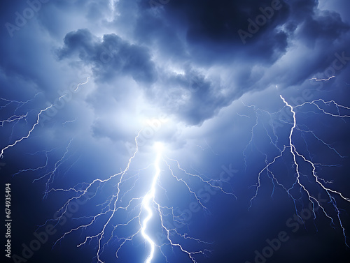 Intense lightning forks cleave through a chaotic sky, exemplifying nature's untamed energy.