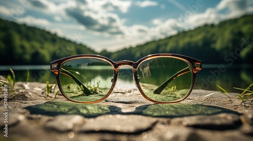 Blurred image of reflection of natural scenery through glasses. bamboo backgrounds  Vision concept