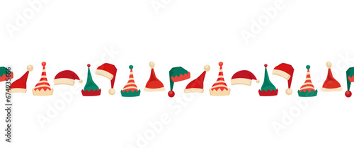Christmas Santa, Elf hats fancy seamless border vector pattern. Cute Santa, Elves caps cartoon design element. Christmas symbol set isolated. Holiday fest banner background, card, flyer frame template