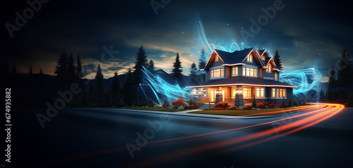 High speed wireless home internet conection concept. Levitating flying house with light trace of optic fiber internet speed