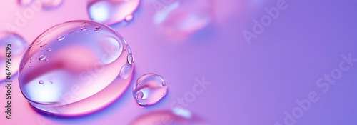 pink liquid water drops floating on purple, in the style of ultra realistic