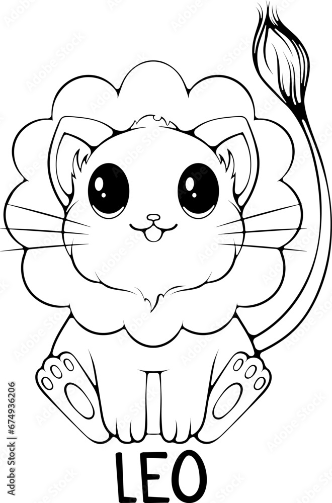 Leo cute cartoon astrology sign of the zodiac cat. Character in kawaii style. Vector illustrations in hand drawn sketch style isolated on white. Black outline graphic. Funny cat horoscope Leo cute cartoon astrology sign of the zodiac cat. Character in kawaii style. Vector illustrations in hand drawn sketch style isolated on white. Black outline graphic. Funny cat horoscope
