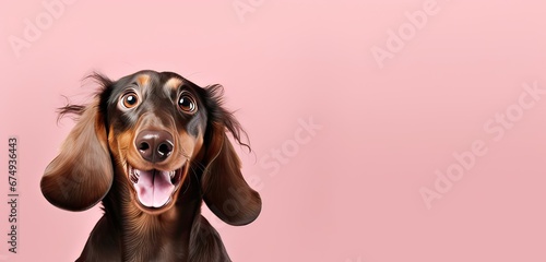 a portrait of a dachshund dog with a surprised expression, looking into the camera isolated a pink background. photo