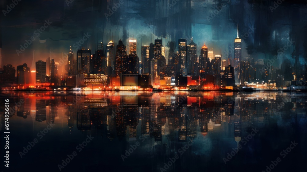 A blurred image of a city skyline at dusk with light  AI generated illustration