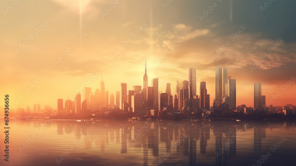 A blurred image of a city skyline at sunset creating  AI generated illustration