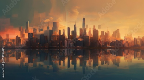 A blurred image of a city skyline at sunset creating AI generated illustration