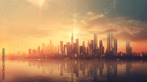 A blurred image of a city skyline at sunset creating AI generated illustration