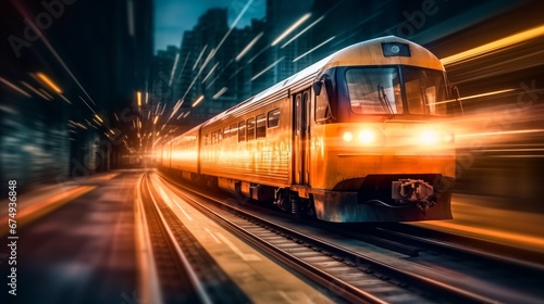 A blurred image of a moving train with lights streak  AI generated illustration