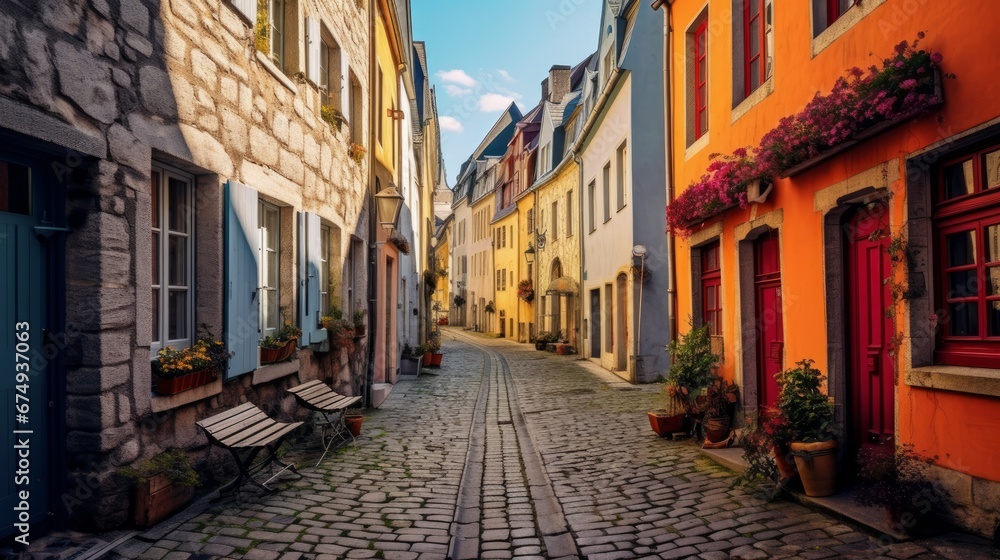 A charming European cobblestone street with colorful  AI generated illustration