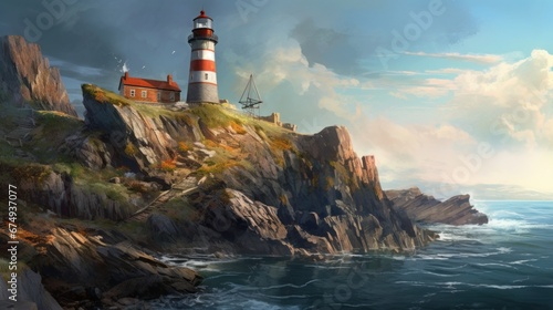 A charming lighthouse on a rocky coastal AI generated illustration
