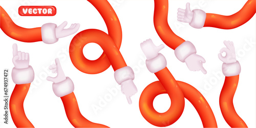 Set of hands 3d realistic design. Collection of cartoon Santa Claus red sleeves and white gloves on hands palm up Vector illustration