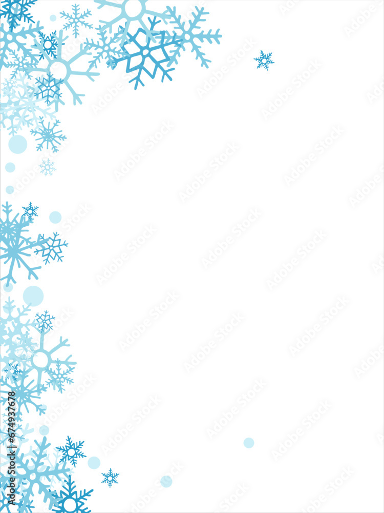Square winter snow frame with blue snowflakes on a white background. Festive Christmas banner, New Year card. Symbols of frosty winter. Vector illustration.