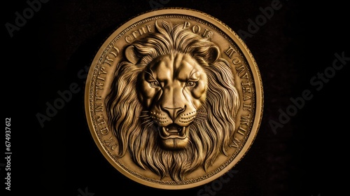 A gold coin with a lions head engraved on it AI generated illustration