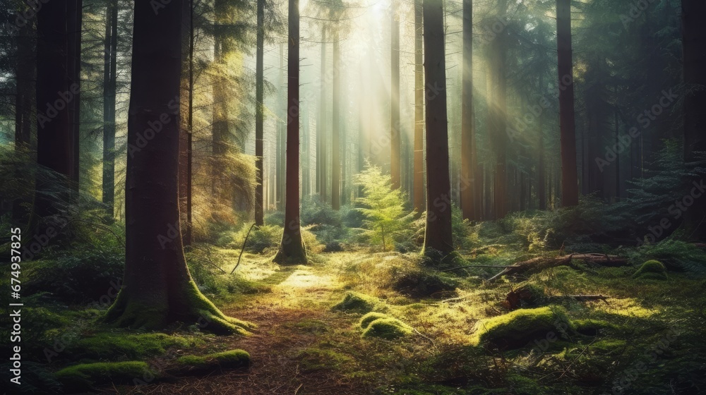 A hazy picture of a forest with sunlight filtering  AI generated illustration