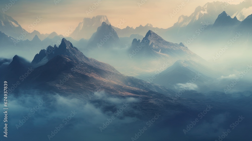 A hazy picture of a mountain range with a dreamlike   AI generated illustration