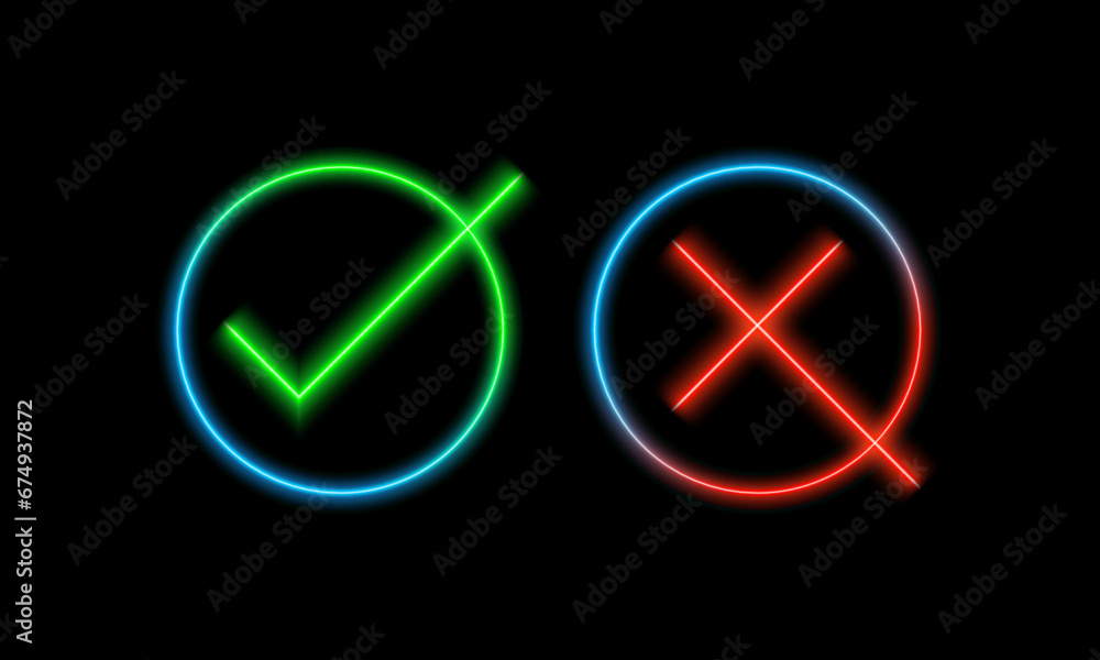 Correct incorrect icons in bright neon thin lines. Correct incorrect icons in bright neon thin lines.