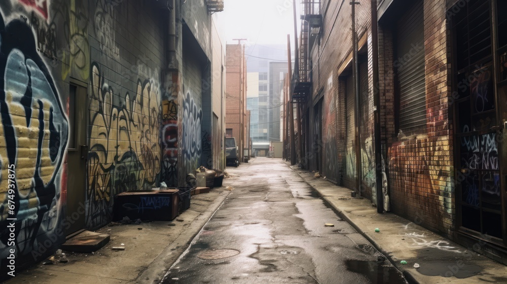 A hazy picture of an urban alleyway with graffiti  AI generated illustration