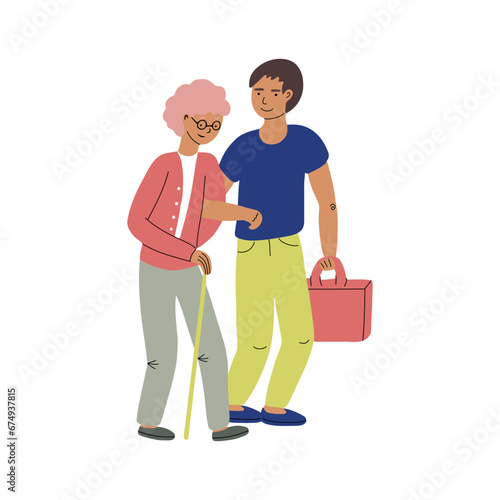 Young man helping grandmother with shopping, cartoon vector illustration isolated on white background. Full-length portrait carrying shopping bags for his grandma, volunteering, social assistance