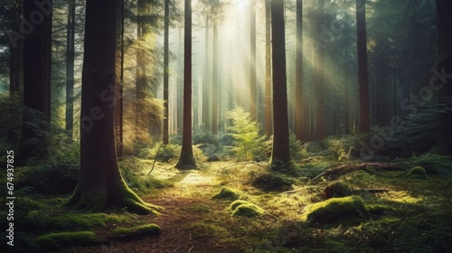 A hazy picture of a forest with sunlight filtering  AI generated illustration