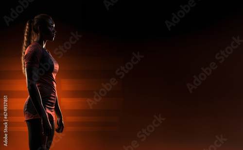 photorealistic image of a silhouette of a volleyball player standing with a profile on the left side of the image, dramatic lighting, space for text