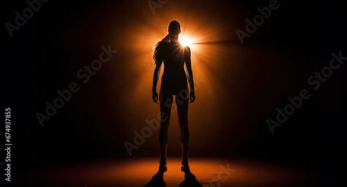 photorealistic silhouette image of a volleyball player wearing long sleeves and kneepads, dramatic orange lighting photo