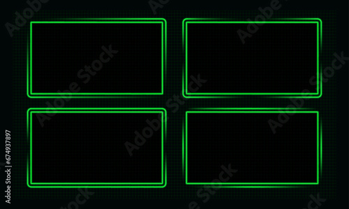 Text border frames, cyber tech visuals, thin neon green bright lights.
