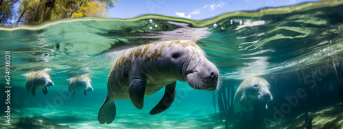 A group of manatees are swimming in shallow water. photo