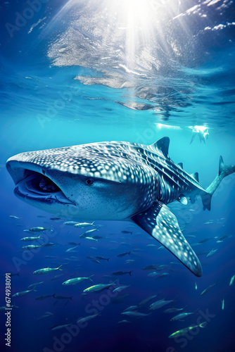 The whale shark is swimming around on the ocean.