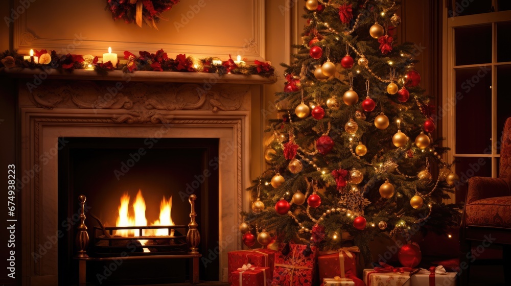 A decorated christmas tree in front of a fireplace. Generative AI. A decorated christmas tree in front of a fireplace. Generative AI.