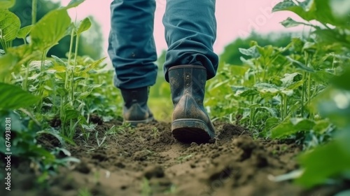 close-up of a farmers feet in rubbeboots walking  AI generated illustration photo