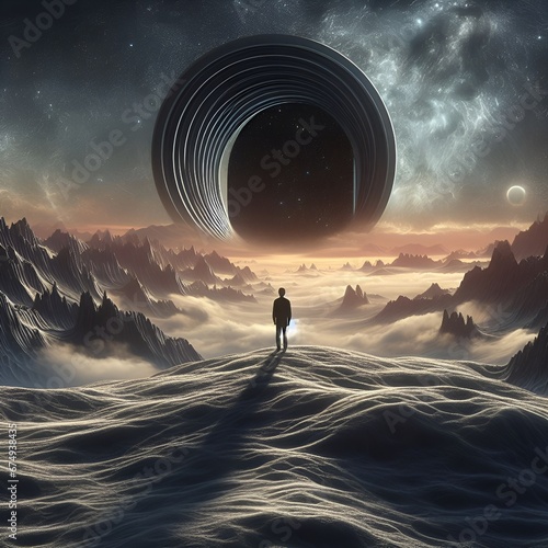 Surreal landscape of a man standing in front of a portal to another dimension