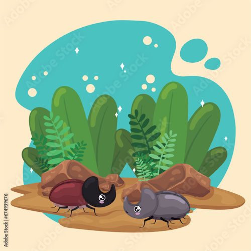 Cute beetle insect characters on the ground with leaves Vector